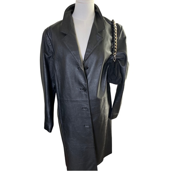 Minimalist Leather Trench‎ Coat Black Longline Lightweight Quiet Luxury Women L